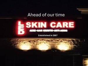 LED Skin Care Spa sign at night